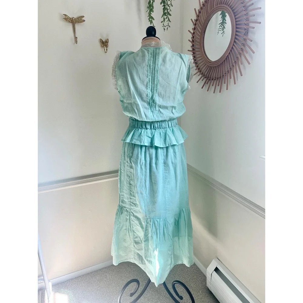 Vintage Chadia Victorian Two‎ Piece Blue Teal Lace Maxi Skirt and Blouse Set